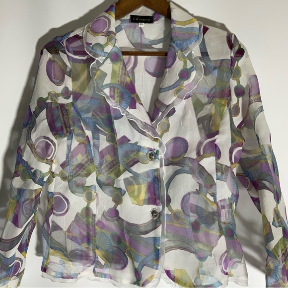 Y.R. Imports Floral Purple, Plum White, Blue Long Sleeve Semi-Sheer Blouse Sz - Picture 3 of 16